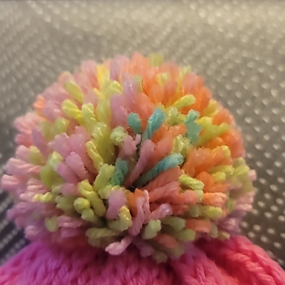 Handmade Pink Knit Beanie with Multicolor Pom-Pom